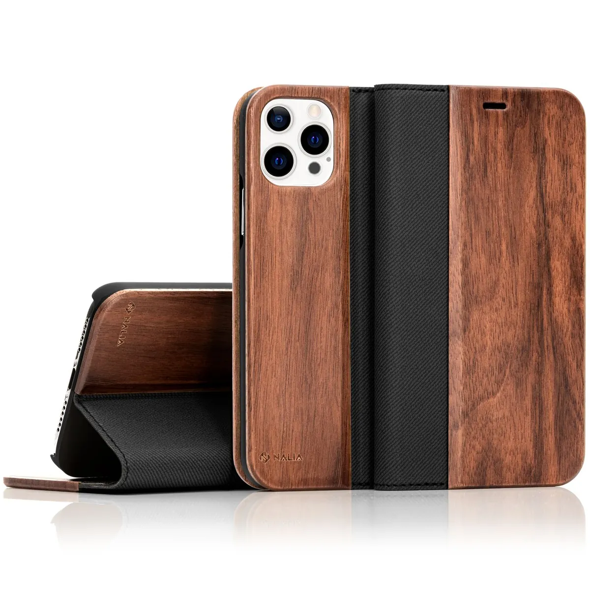 NALIA Echt-Holz Flipcase kompatibel mit iPhone 13 Pro Max Hülle, FSC zert. Natur Holzhülle mit Standfunktion & Kartenfach, Premium Wood Case Wallet Rundum-Schutz Handyhülle Klapphülle Etui - Walnuss