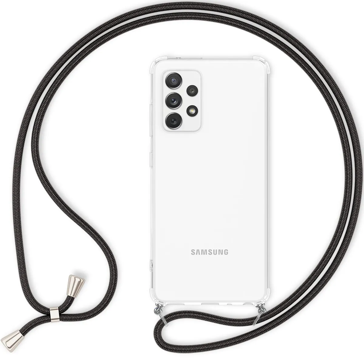 NALIA Handykette für Samsung Galaxy A53 – Transparentes Hybrid-Case & Band – HANGIT (Anti-Gelb Rückseite & Verstellbar) – Marke aus Berlin