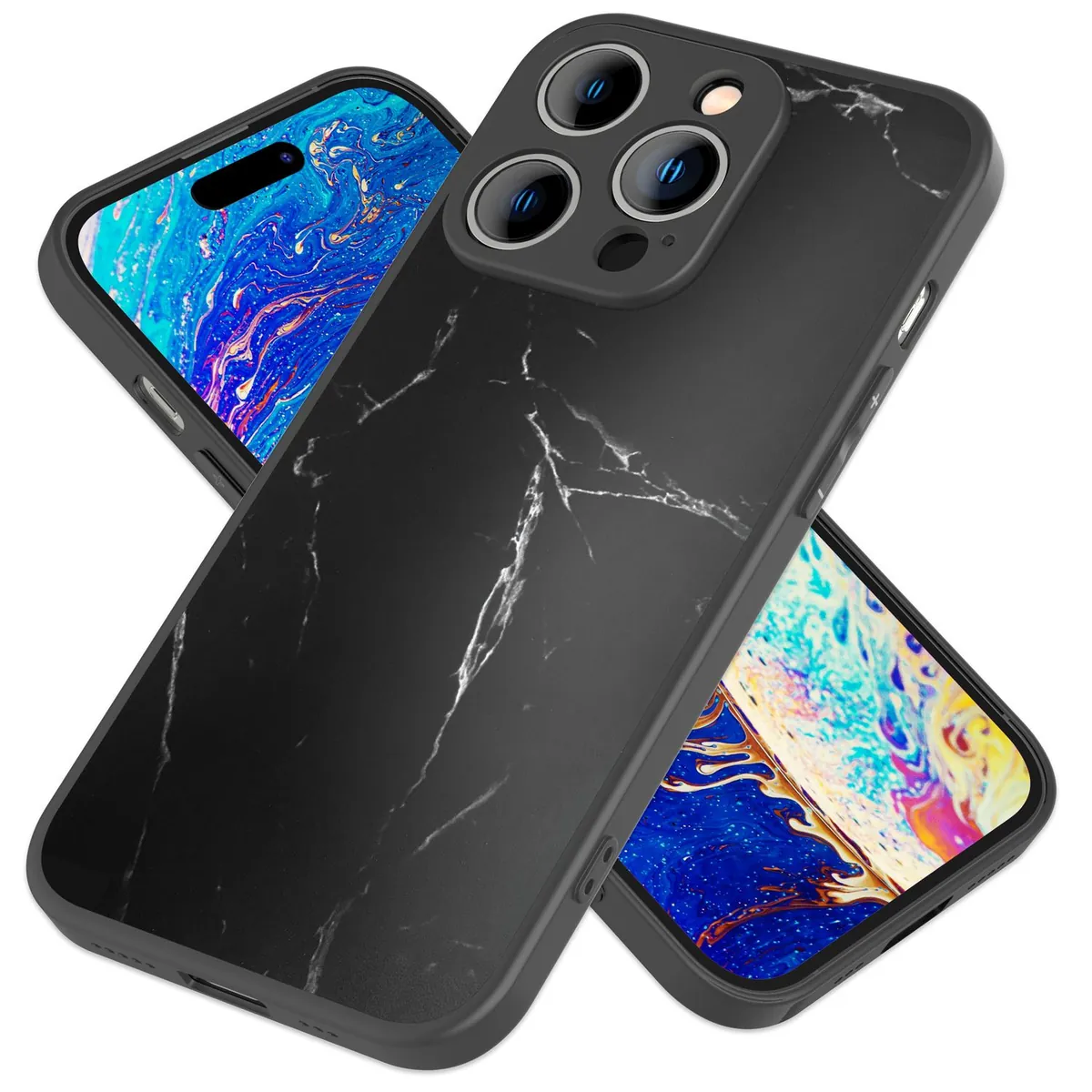 NALIA Marmor Glas Case für iPhone 14 Pro – Robustes 9H Echtglas – MARBELLE (Silikon Bumper & Grip) – Marke aus Berlin