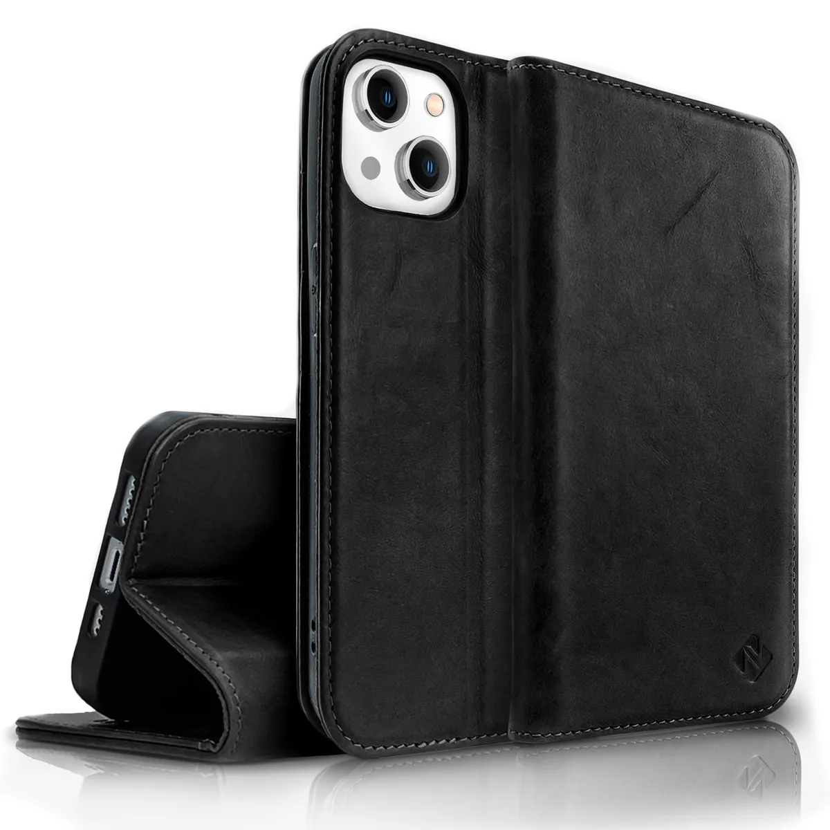 NALIA Echt-Leder Flipcase kompatibel mit iPhone 14 Hülle, Handgefertigt Echtes Rindsleder Schutzhülle mit RFID-Schutz, Kartenfächern & Standfunktion, Lederhülle Handyhülle Etui