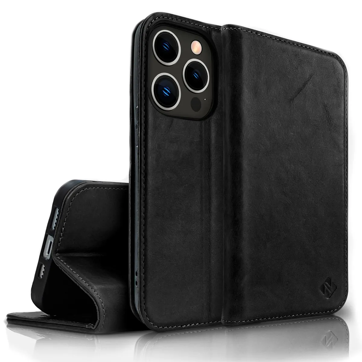 NALIA Echtlederhülle für iPhone 14 Pro – RFID Wallet & Magnet-Verschluss – LEVANTO (Handgefertigte Klapphülle) – Marke aus Berlin