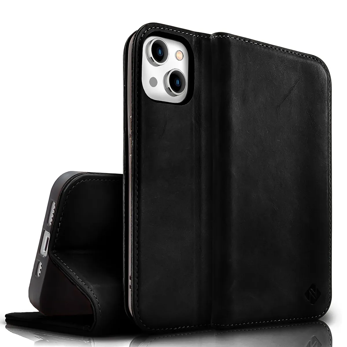 NALIA Echtlederhülle für iPhone 15 Plus – RFID Wallet & Magnet-Verschluss – LEVANTO (Handgefertigte Klapphülle) – Marke aus Berlin