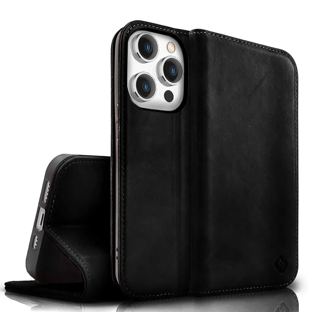 NALIA Echtlederhülle für iPhone 15 Pro – RFID Wallet & Magnet-Verschluss – LEVANTO (Handgefertigte Klapphülle) – Marke aus Berlin