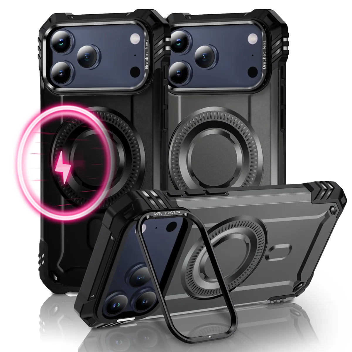 NALIA Magnetische Panzerhülle für iPhone 17 Pro – MagSafe kompatibel & Kamera-Stand – GRANITE (Outdoor Schutzhülle Stoßfest) – Marke aus Berlin
