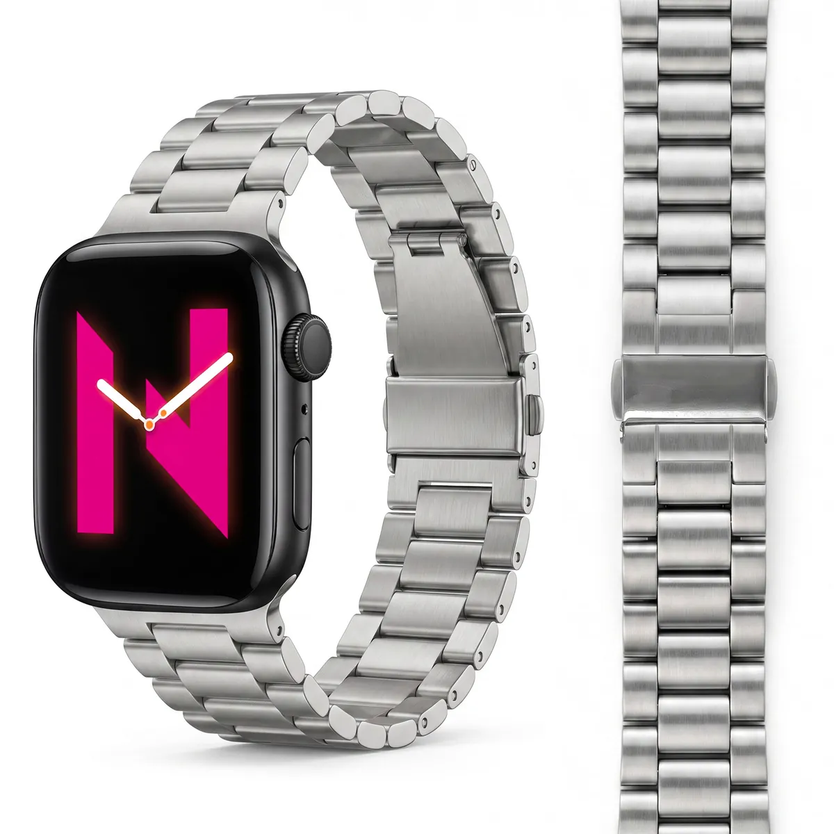 NALIA Mova Edelstahl Armband kompatibel mit Apple Watch Armband Series Ultra/SE 10/9/8/7/6/5/4/3/2/1, 42/44/45/46/49mm, Metall Ersatzarmband mit Doppelfaltschließe, Rostfrei
