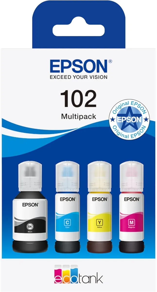 Epson Ecotank 102 Original Tintenflaschen | 4X Farb-Multipack - Schwarz, Cyan, Magenta, Gelb | Markenqualität Für Optimale Ergebnisse