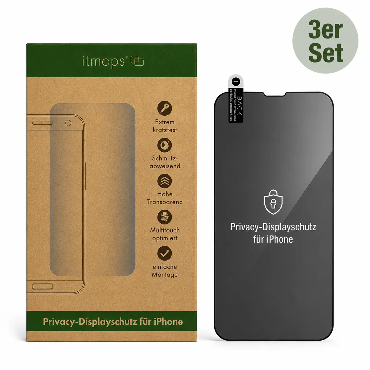 3x Displayschutz Privacy-Fullcover für iPhone ohne Montage