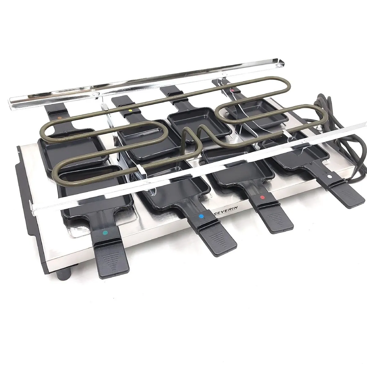 SEVERIN Raclette mit Naturgrillstein, elektrischer Tischgrill, Raclette für 8 Personen mit Grillplatte und 8 Pfännchen, Kunststoff/Edelstahl, schwarz, RG 2374
