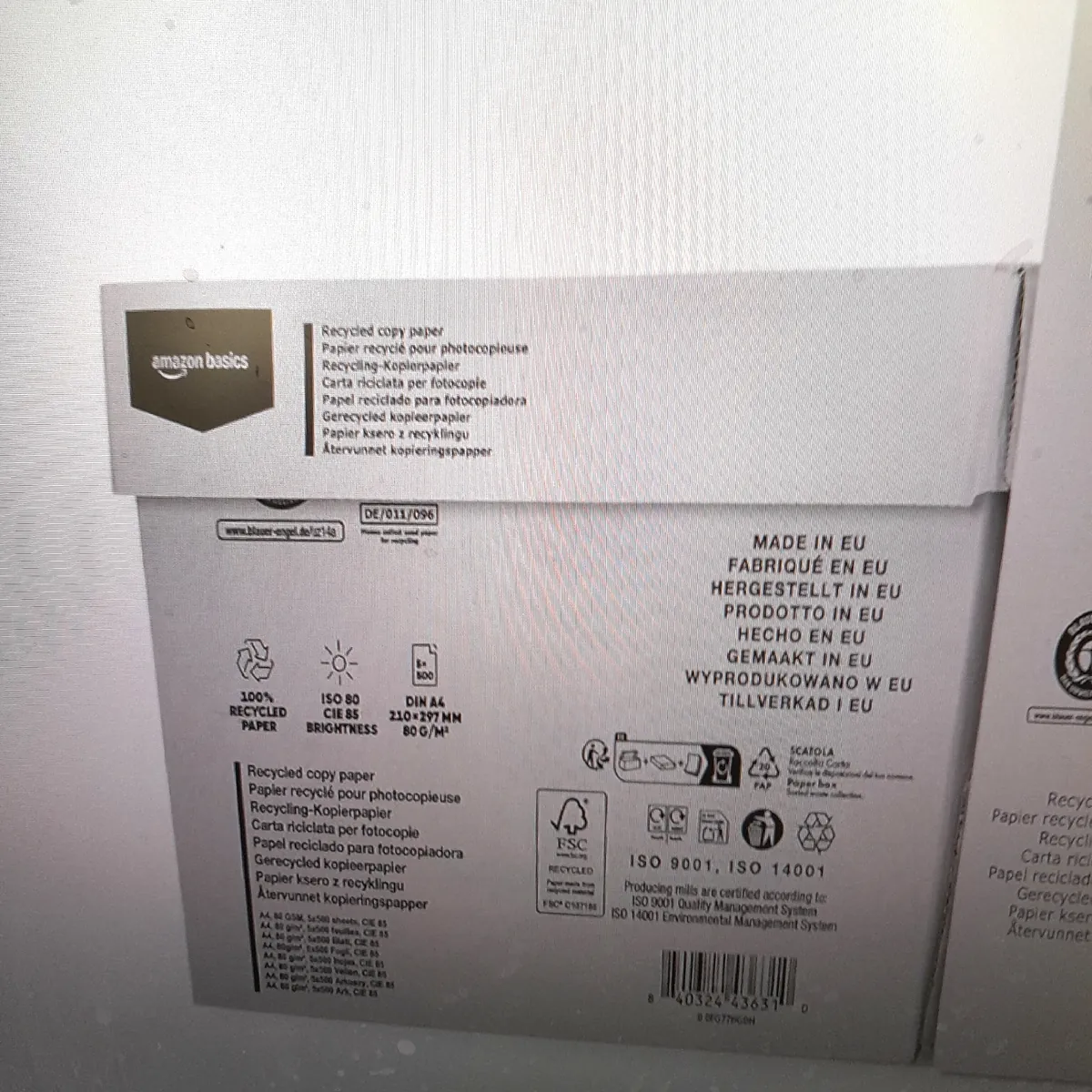 Amazon Basics 100% Recyclingpapier A4 80 g/m², 5 Packungen à 500 Blatt pro Karton