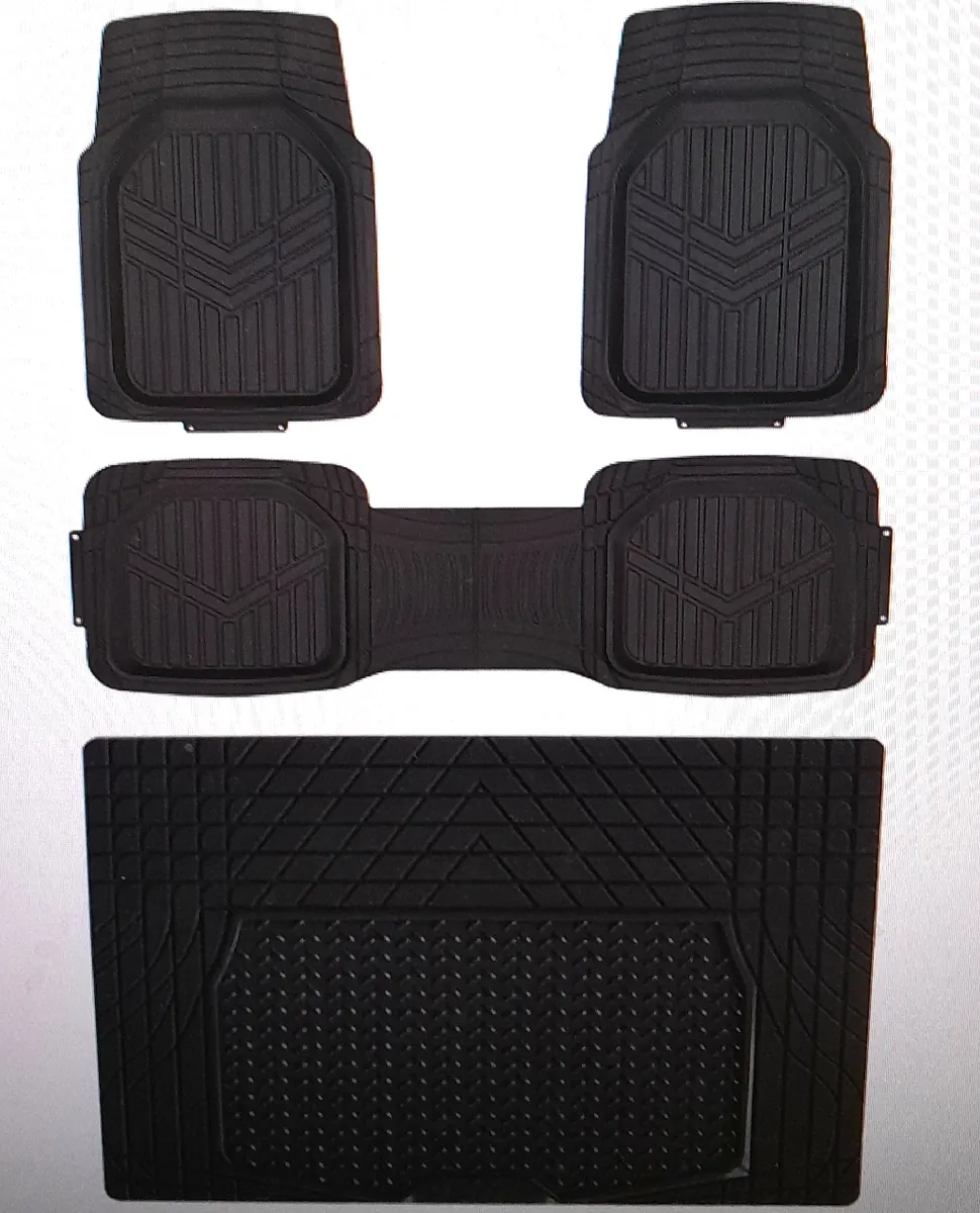 Amazon Basics Universal-Fußmatten-Set, strapazierfähig, aus PVC, 4 Stück, mit Gepäckträger, Allwetterschutz, wasserdichter Rand, passend für Autos, SUVs, Limousinen, Lastwagen, Schwarz