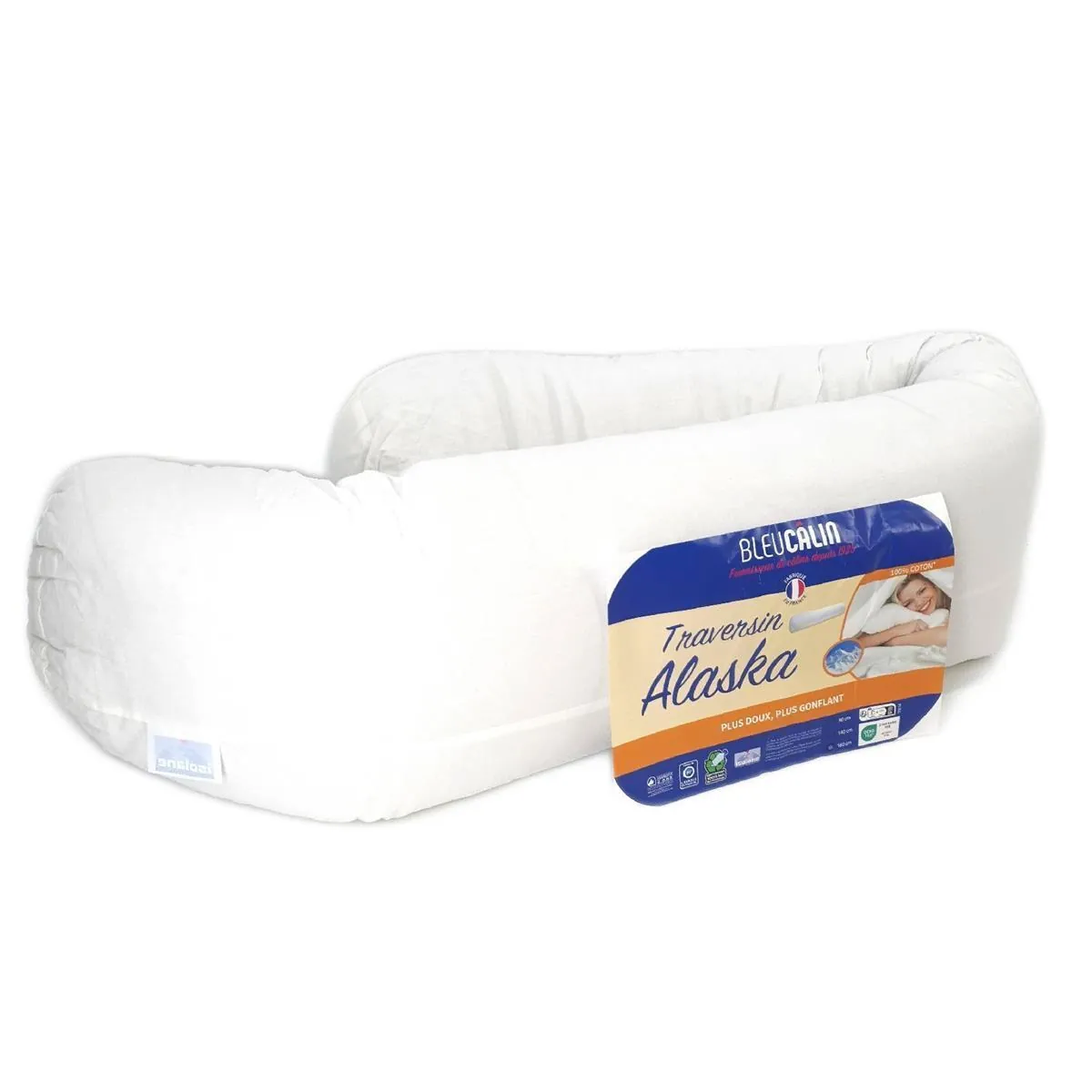 Blau Câlin Nackenrolle Komfort Alaska bauschig 100% Baumwolle 160 cm Weiß