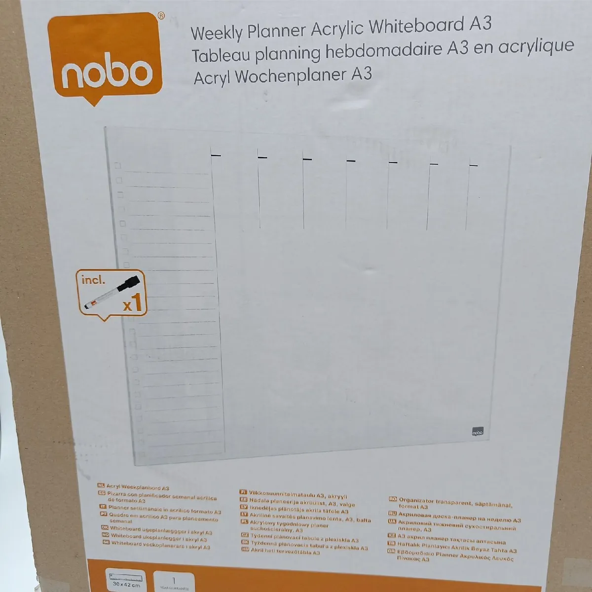 Nobo Mini Whiteboard Wochenplaner Bürobedarf A3 Rahmenlos Transparent Marker und Montagepads inklusive