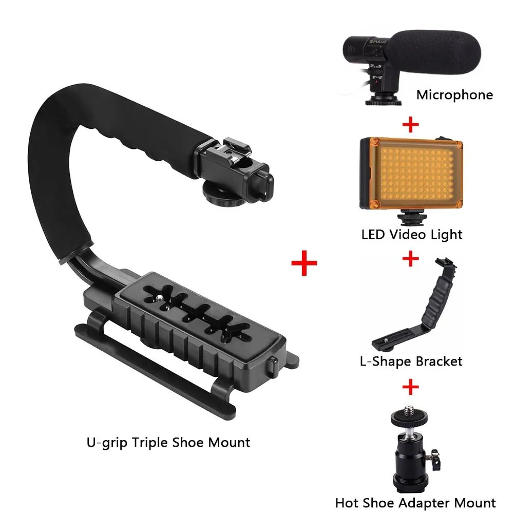 PULUZ Action Stabilizing Handle Grip Rig U-Grip Triple Shoe Mount Video for iPhone 8 X Gopro Smartphone Canon Sony DSLR Cameras