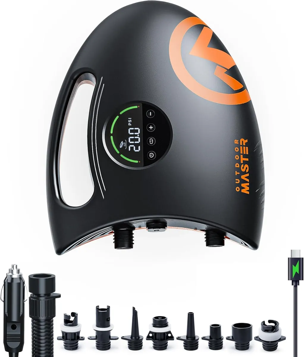 OutdoorMaster Shark 2S Elektrische SUP Pumpe mit Akku 88,8Wh – 20 PSI Akku-Luftpumpe für 6 SUP Boards, Auto-Off, 8 Düsen, 12V/15,8V & USB-C, Schwarz/Orange