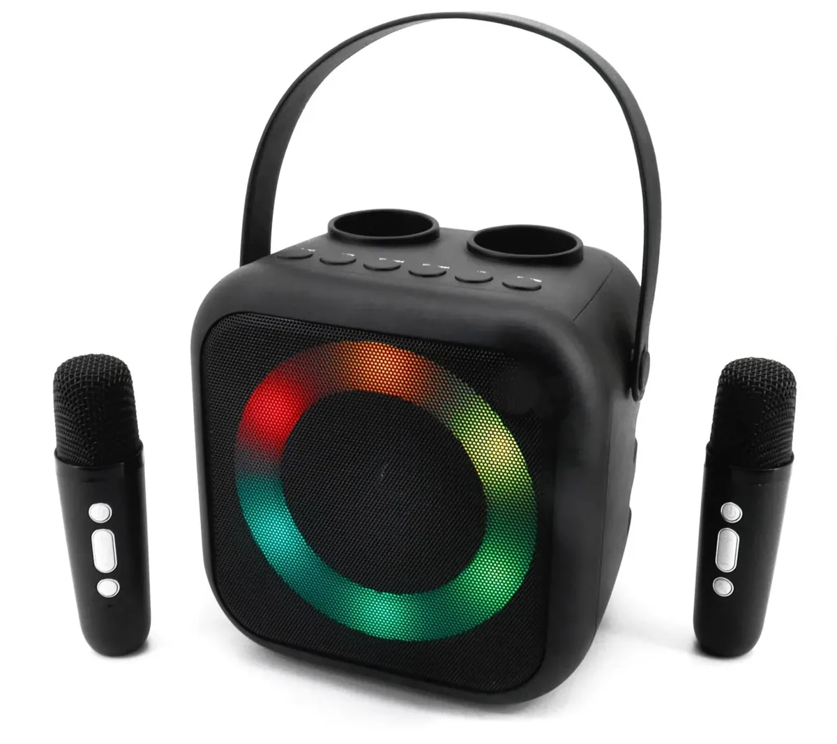 Soundmaster BT2024SW Karaoke System Tragbarer Bluetooth-Lautsprecher mit 2 Mikrofonen, Stimmenwandler, LED-Lichteffekten, USB und AUX-IN.