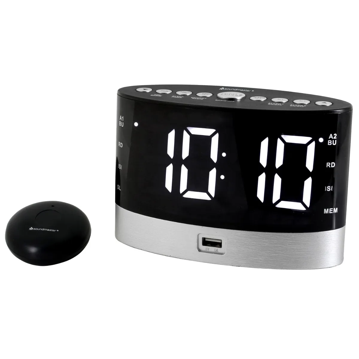 Soundmaster UR580SW Radiowecker mit kabellosem Vibrationskissen für Schwerhörige & Tiefschläfer Dimmbares Display Gangreserve UKW-Radio USB