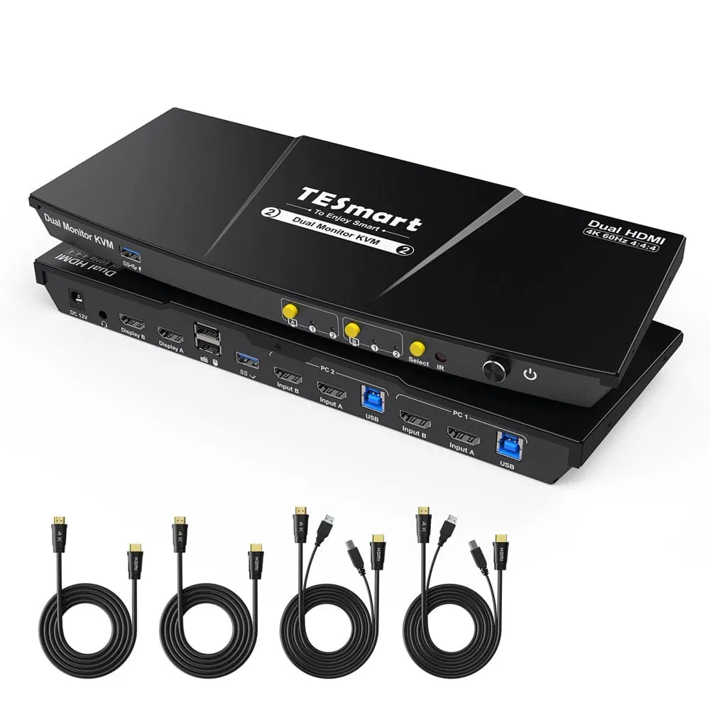 2 Port Dual Monitor KVM Switch HDMI 4K60Hz mit USB 3.0 Hub & Audio I/O