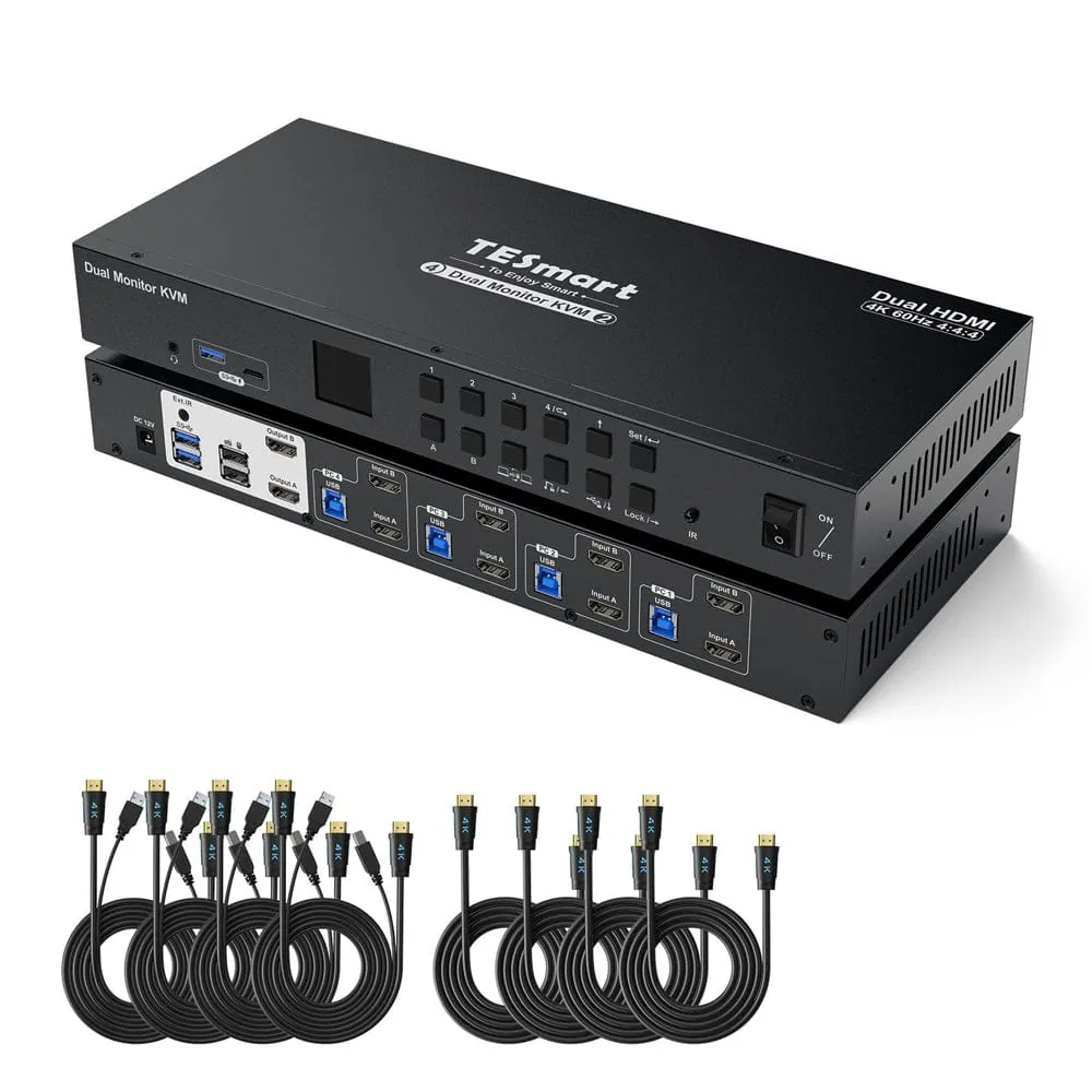 4-Port Dual-Monitor KVM Switch Kit HDMI 4K60Hz mit USB 3.0 Hub & Audio I/O, EDID