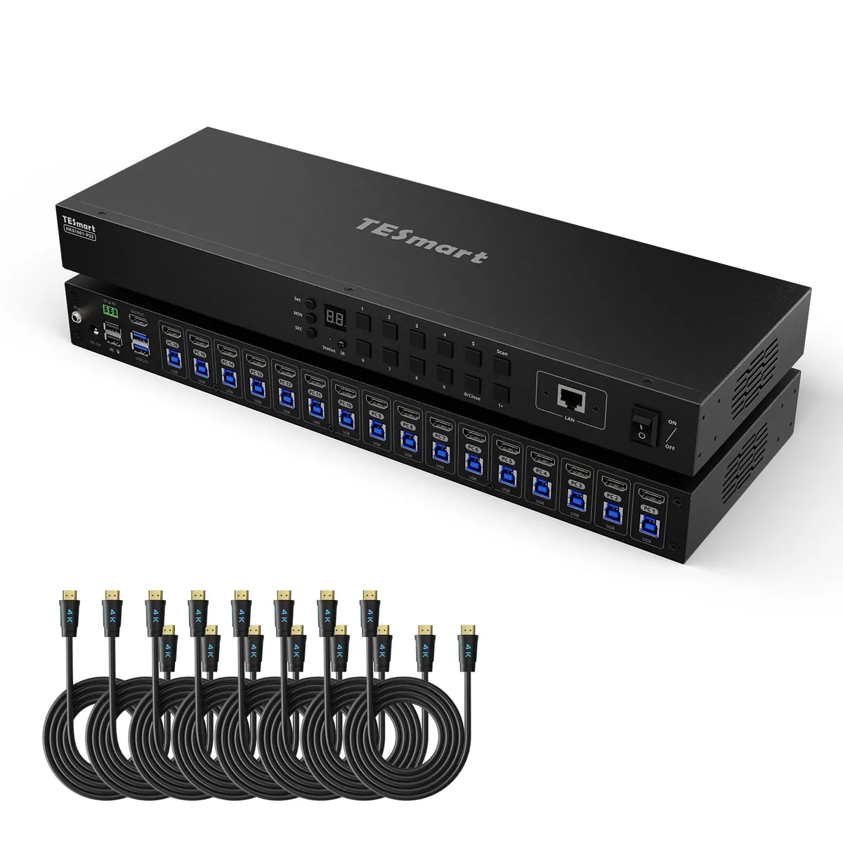 Verbesserter 16-Port HDMI KVM Switch mit USB 3.0 (5Gbps), 4K60Hz und RS232/LAN-Steuerung